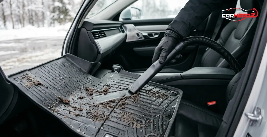 cleaning car windshield with microfiber cloth to remove fog in winter