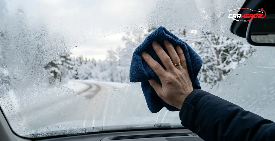cleaning car windshield with microfiber cloth to remove fog in winter