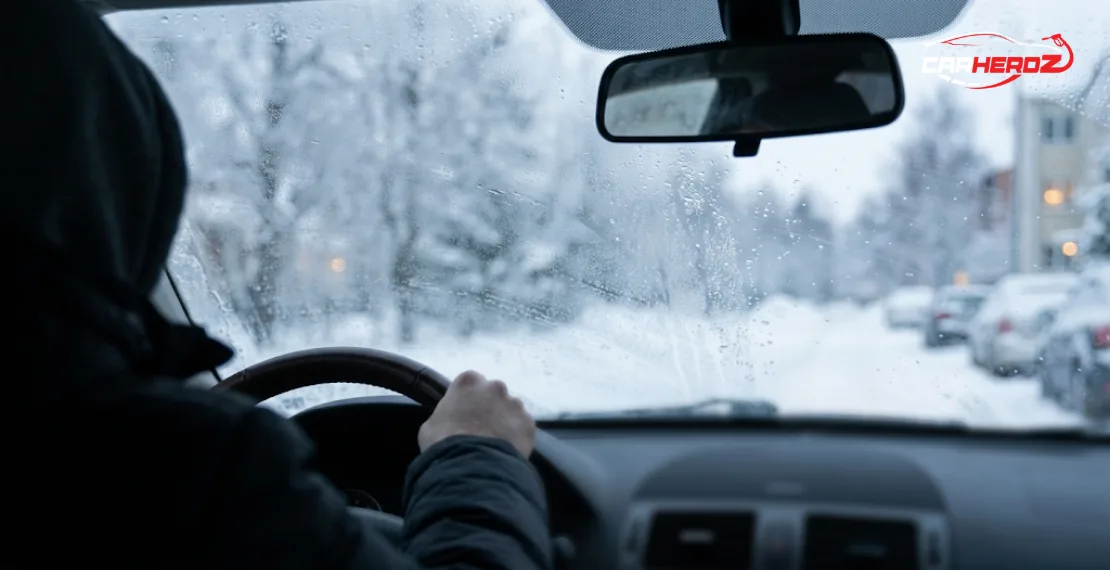 foggy car windshield reducing visibility in winter driving conditions