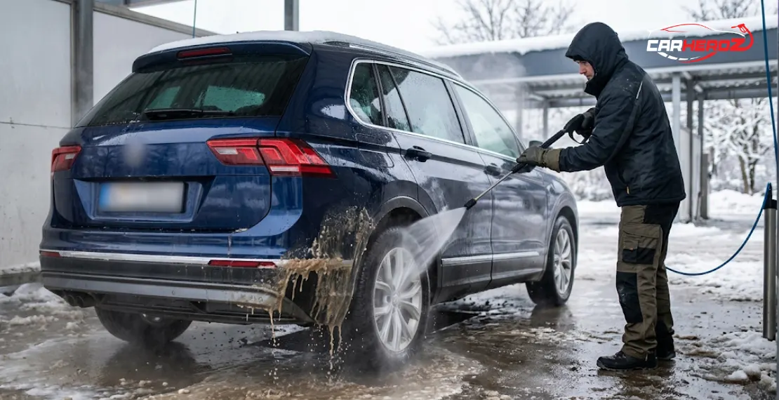 winter car wash removing dirt and road salt from vehicle exterior