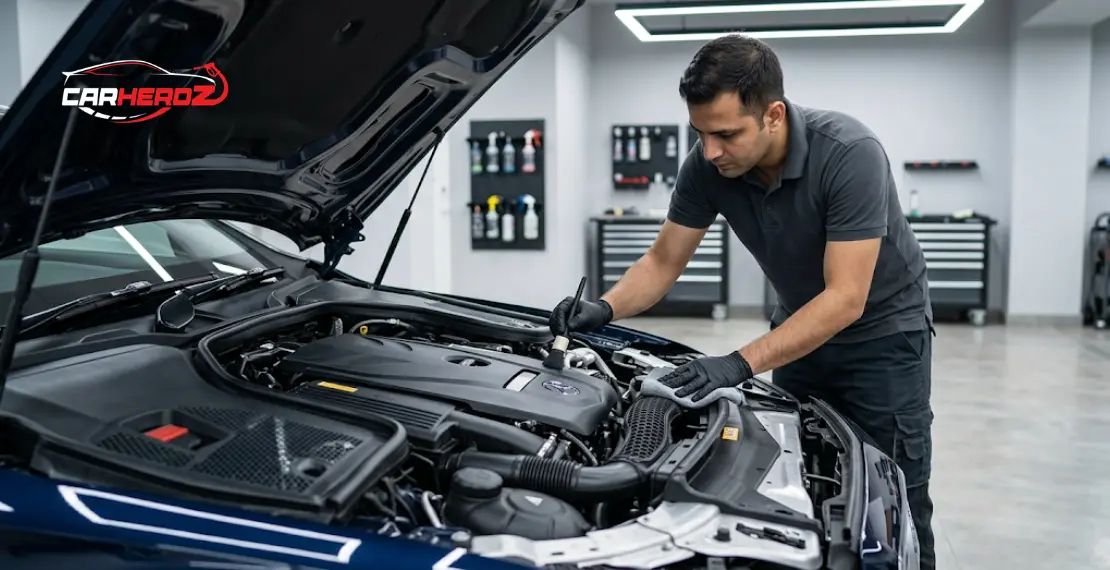car engine bay cleaning detailing process showing professional maintenance care