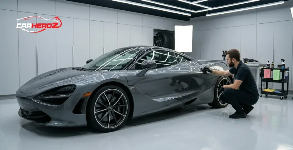 ceramic coating car detailing in professional garage glossy paint protection hydrophobic coating application