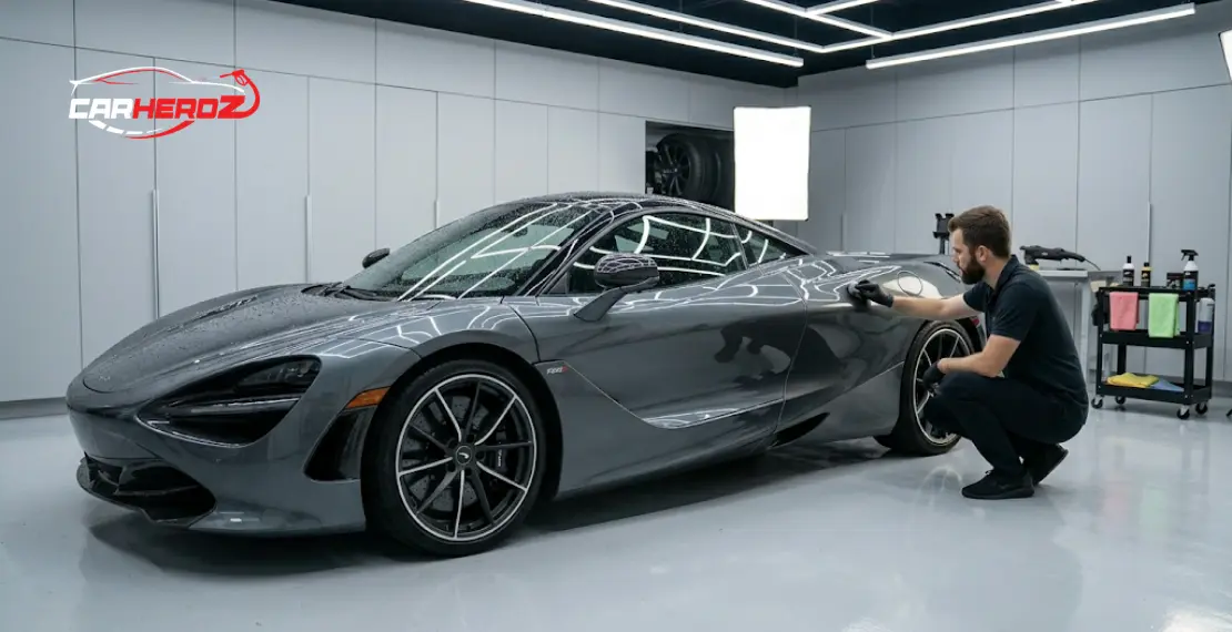 ceramic coating car detailing in professional garage glossy paint protection hydrophobic coating application